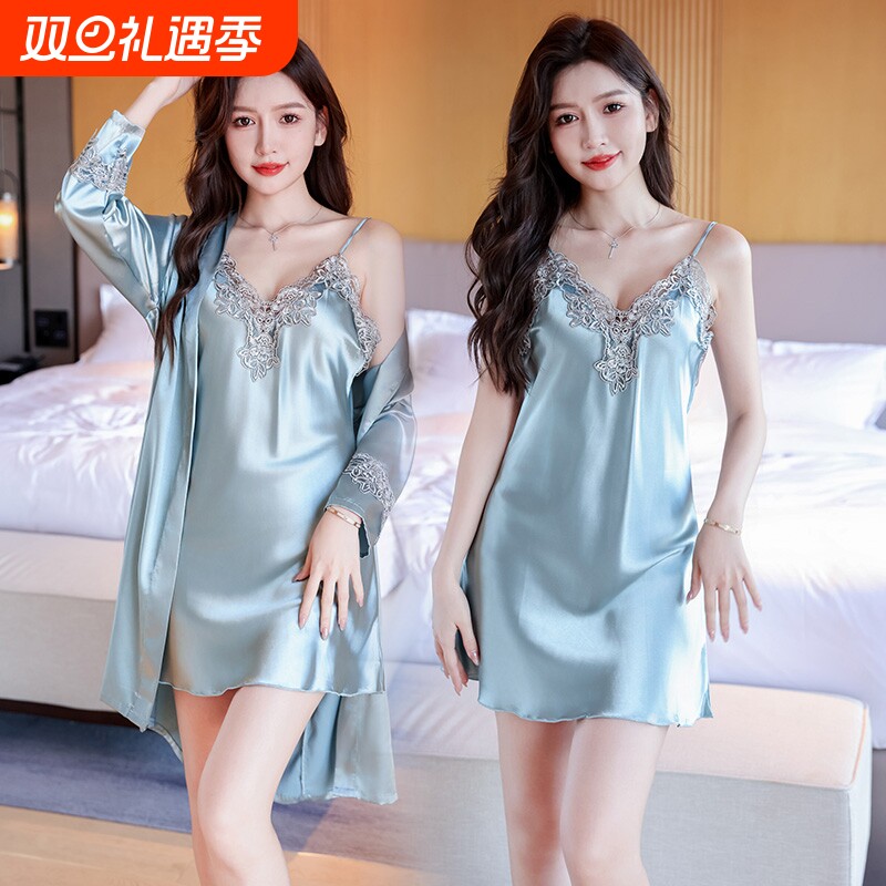 睡衣女夏冰丝性感吊带睡裙女夏季春秋2025新款带胸垫睡袍两件套装