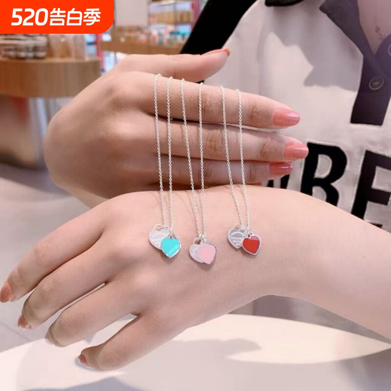 全新高定品质 s925银桃心形项坠女网红珐琅双爱心蓝色心项链粉色