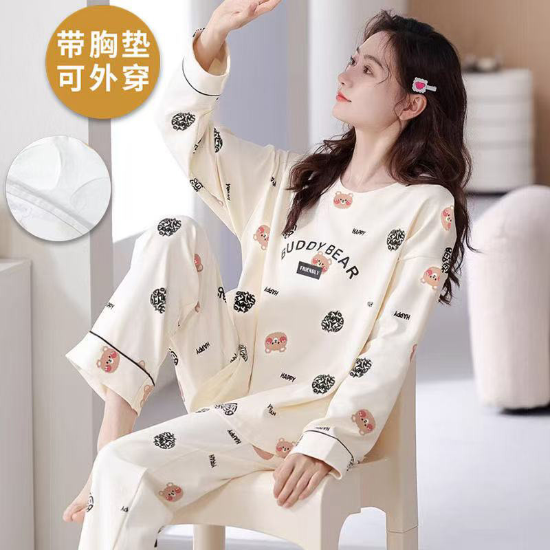 自带胸垫可外穿睡衣套装女长袖秋