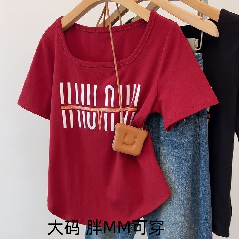 100%纯棉方领字母印花正肩短袖T恤大码女装夏季时尚减龄遮肉上衣
