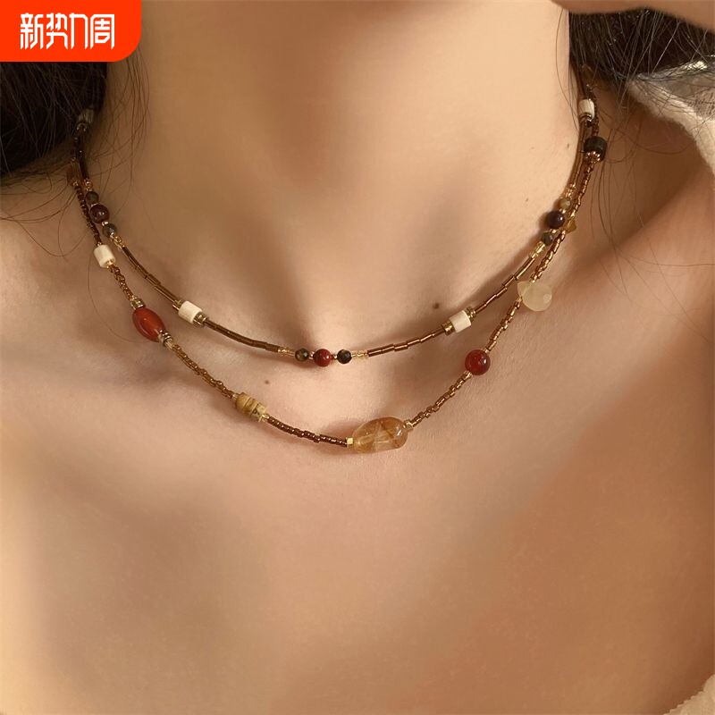 节日狂想 美拉德复古vintage天然石拼接串珠项链小众设计感锁