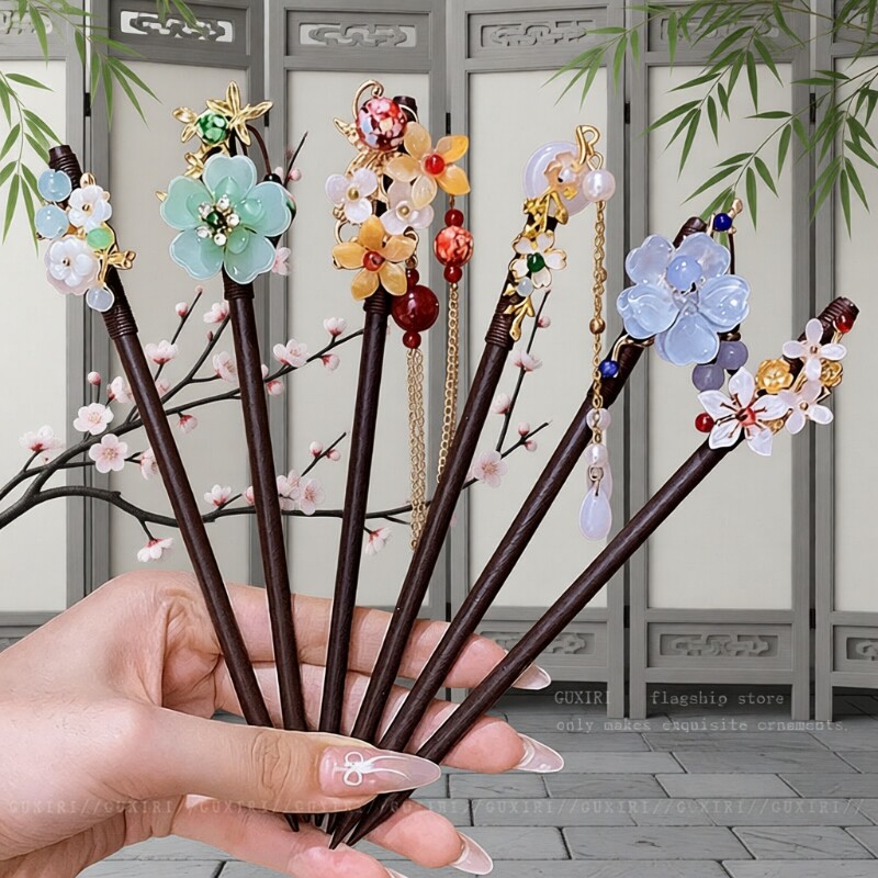 古风发簪流苏步摇木簪子女仿黑檀木头饰盘发汉服配饰古装发钗挽发