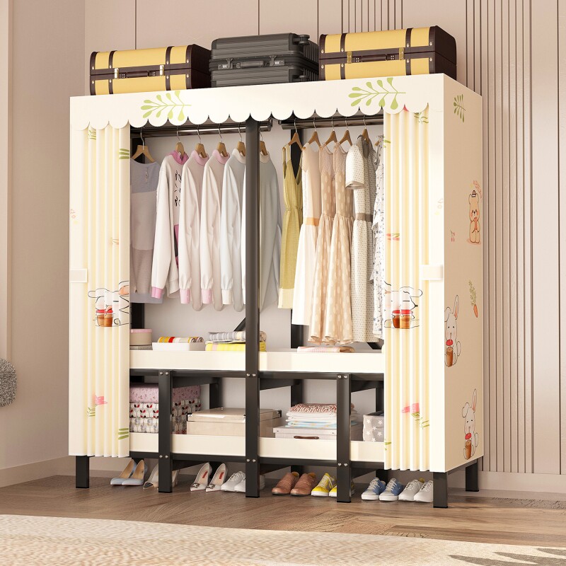 家用卧室出租房用免安装布衣橱全钢架结实耐用推拉金属移门可折叠