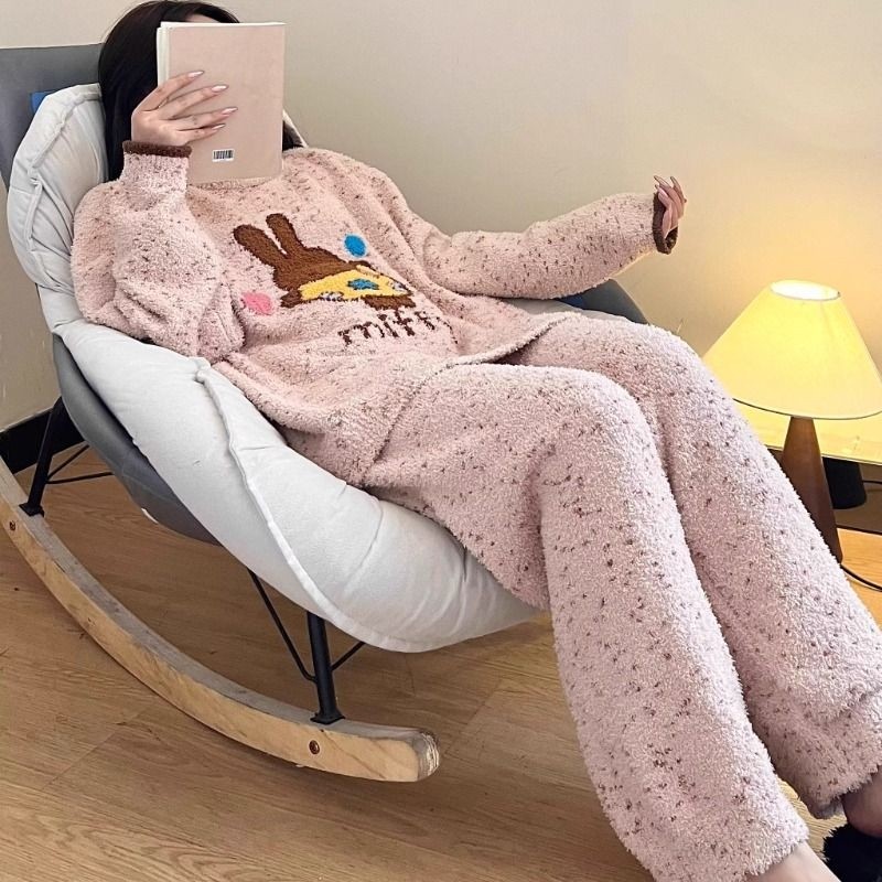 甜美可爱米菲兔半边绒睡衣女士秋冬款加厚保暖毛绒家居服大码套装