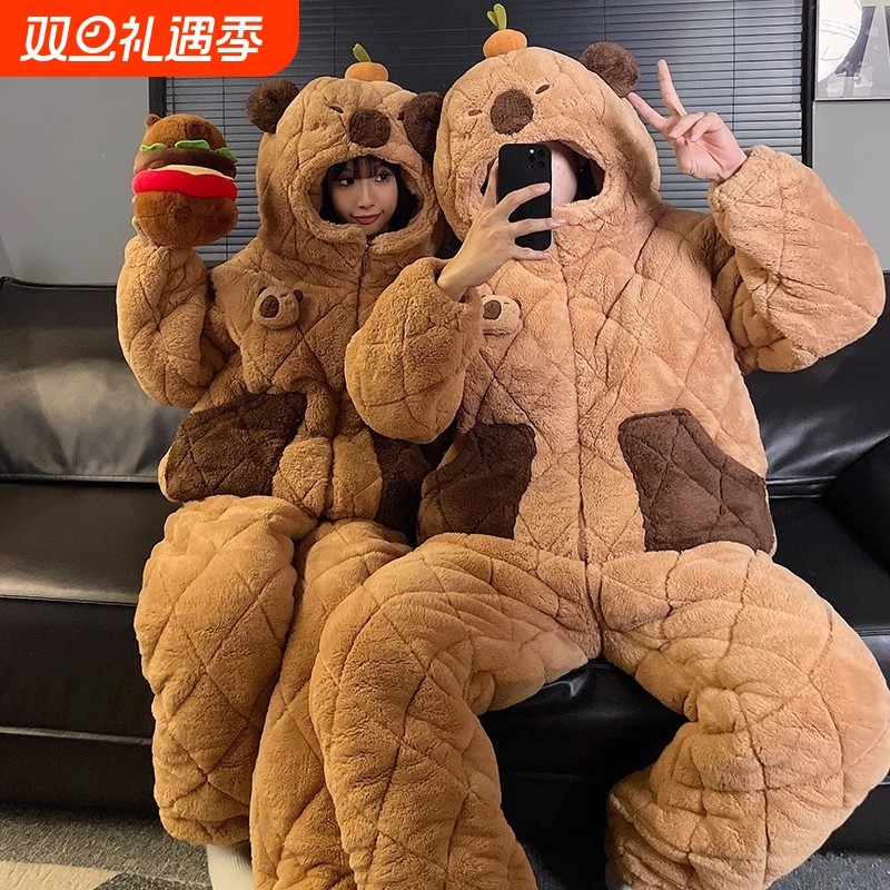 2025情侣睡衣女冬季加绒加厚珊瑚绒三层夹棉男士秋冬款家居服可爱