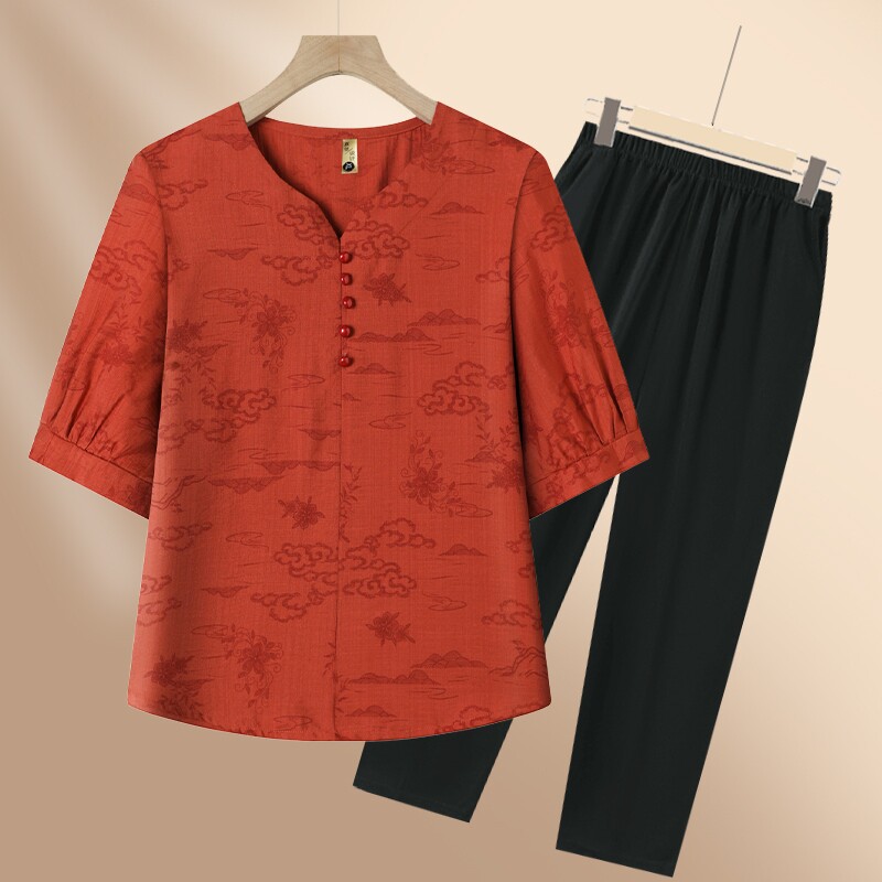 妈妈夏装夏季套装新款女士2026棉麻短袖两件套50岁中老年T恤上衣