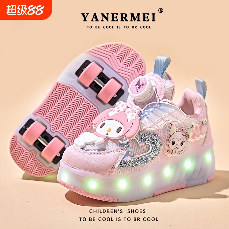 天使美乐蒂女童闪灯网面暴走鞋儿童两穿四轮轮滑运动鞋溜冰儿童鞋