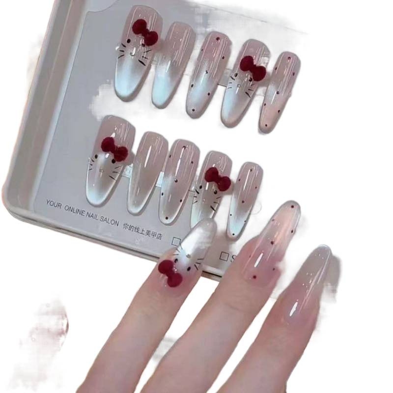 2025新款中长款美甲穿戴甲酒红蝴