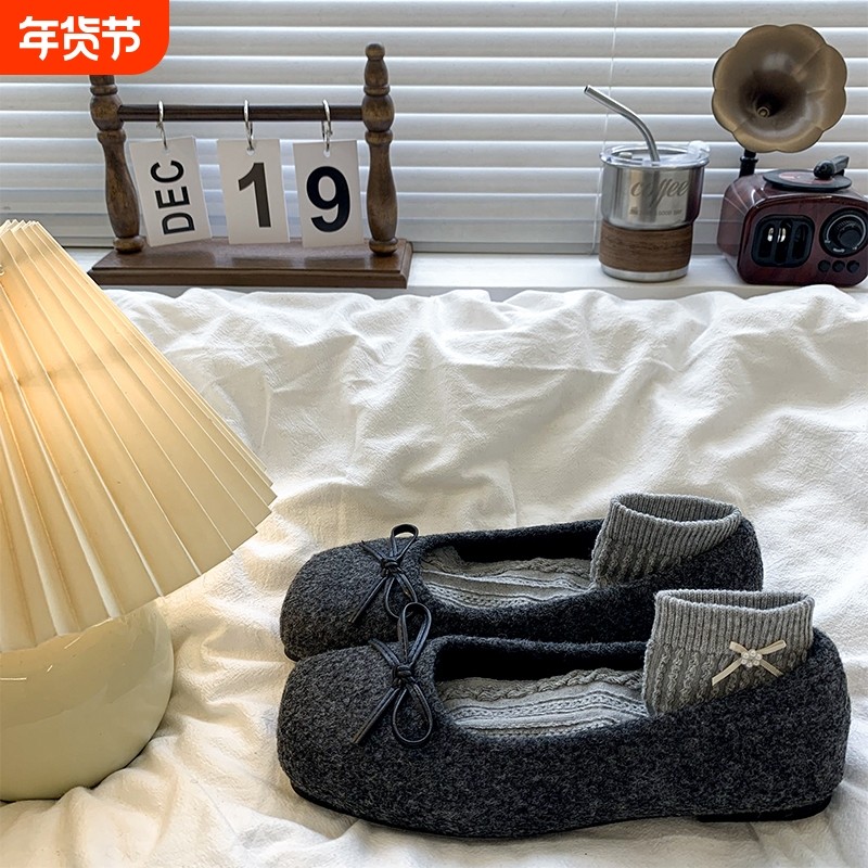 复古平底蝴蝶结单鞋女春秋季2025新款浅口法式毛毛玛丽珍鞋方头,女鞋,浅口单鞋,淘宝优惠券,粉丝福利购,淘宝优惠卷