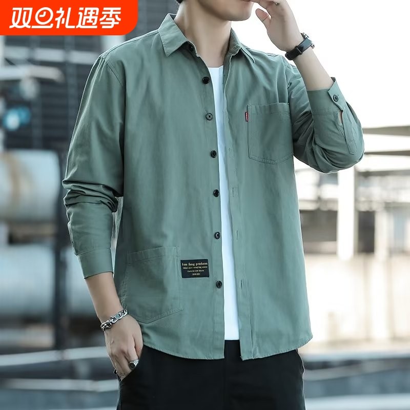纯棉长袖衬衫男士工装宽松休闲衬衣男秋装港风2024年秋冬外穿黑色