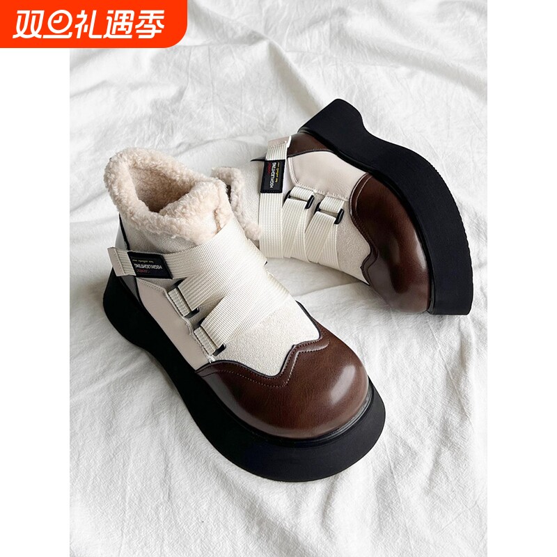 厚底皮面雪地靴女2025新款冬季加绒保暖短靴毛毛女鞋大头棉鞋防水