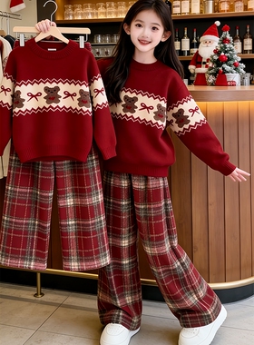女童冬装套装红色卡通毛衣加绒格子阔腿裤2026新款新年衣服针织衫