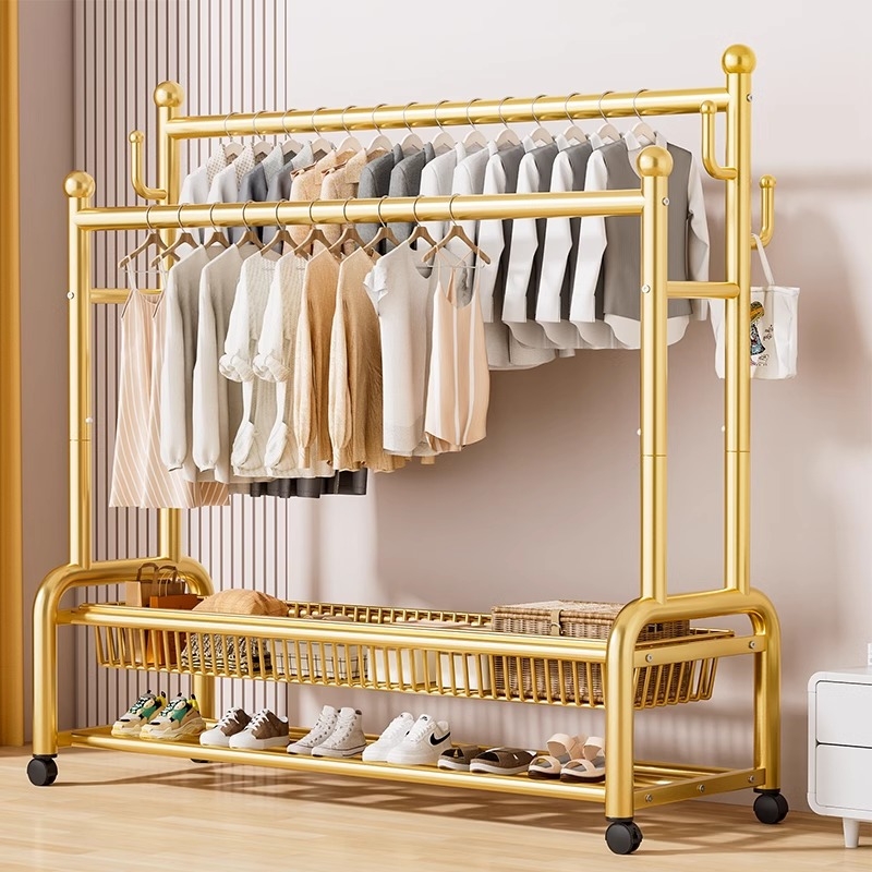 衣架落地卧室挂衣架家用挂衣服架简易衣帽架阳台双杆双层钢管移动