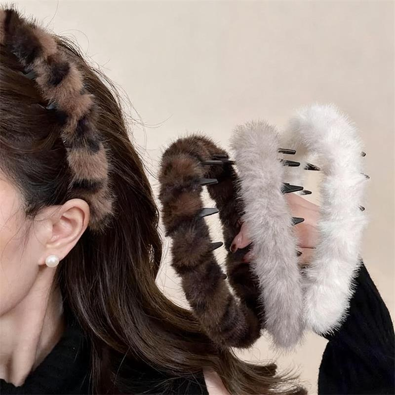 韩系复古豹纹带齿毛绒发箍