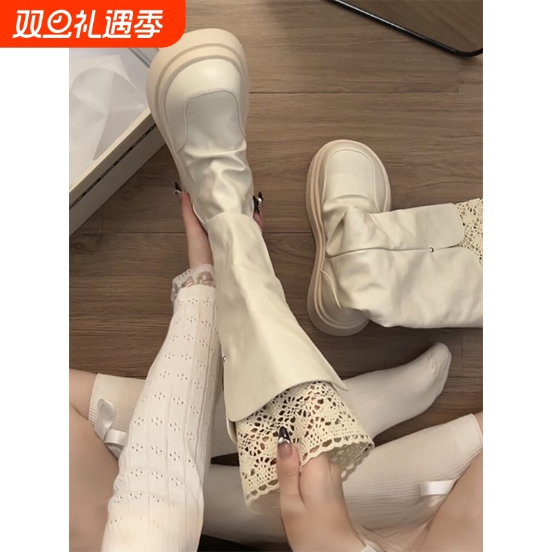 白色复古英伦风增高厚底靴子女长筒靴2025新款秋冬配裙子骑士长靴