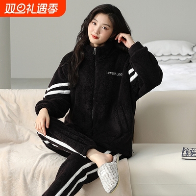 女士秋冬季长袖珊瑚绒加厚套装