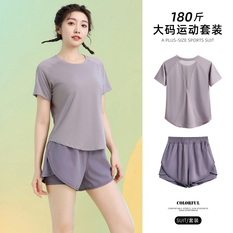 大码胖MM运动服套装女春夏透气速干羽毛球服户外晨跑后口袋训练服