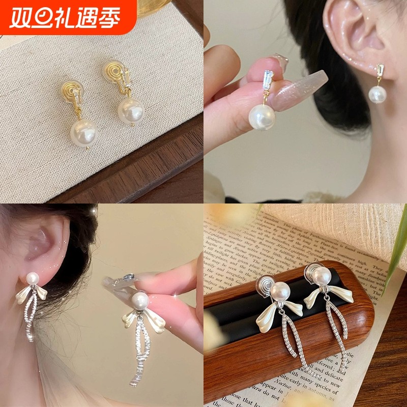 蝴蝶结珍珠耳夹女无耳洞小众高级感耳环女气质蚊香盘耳饰流苏烟花