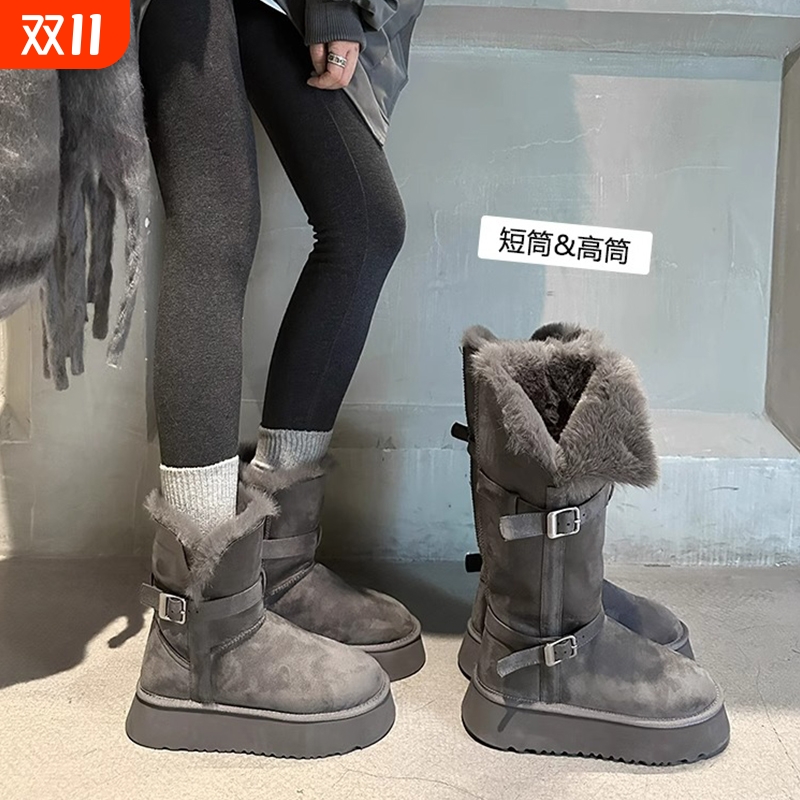 灰色厚底增高雪地靴|万人加购