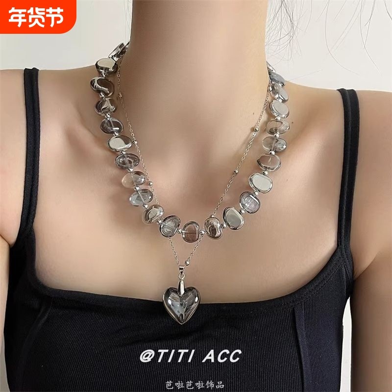 法式复古不规则水晶串珠项链女小众高级感双层叠戴爱心吊坠锁骨链
