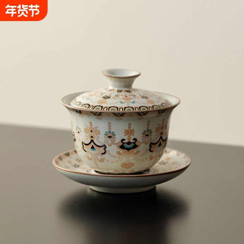 米黄汝窑盖碗开片可养三才盖碗茶杯套装复古金银错纹功夫茶具,餐饮具,盖碗,淘宝优惠券,粉丝福利购,淘宝优惠卷