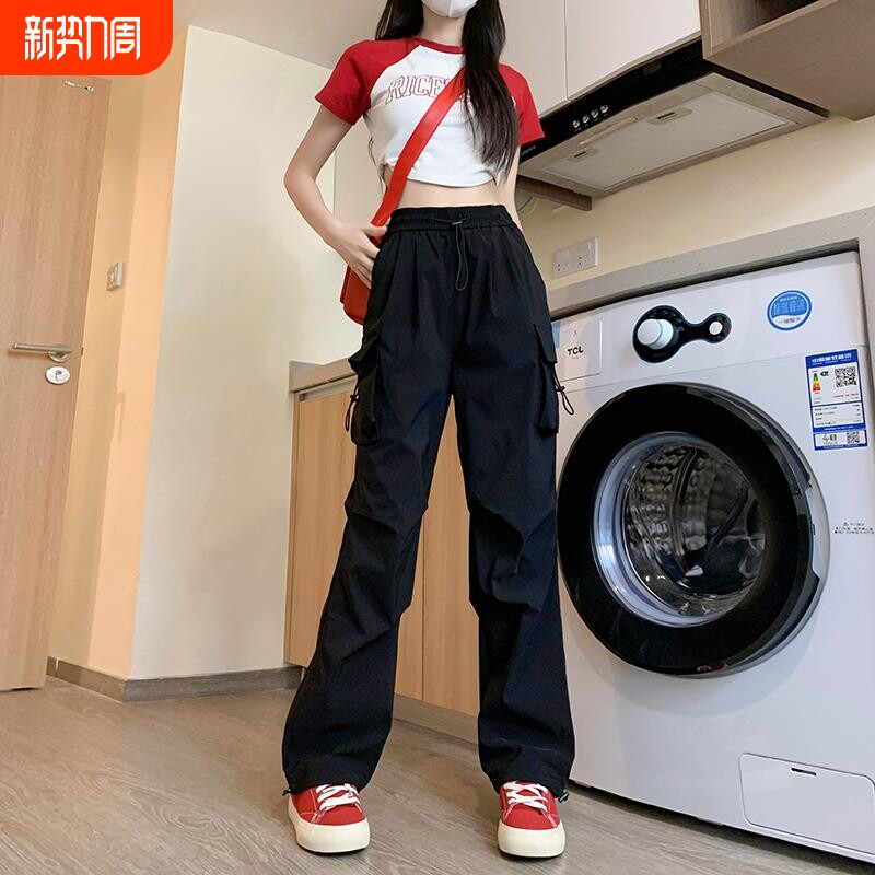 美式速干工装裤女春秋季2024新款小个子黑色直筒阔腿休闲运动裤子