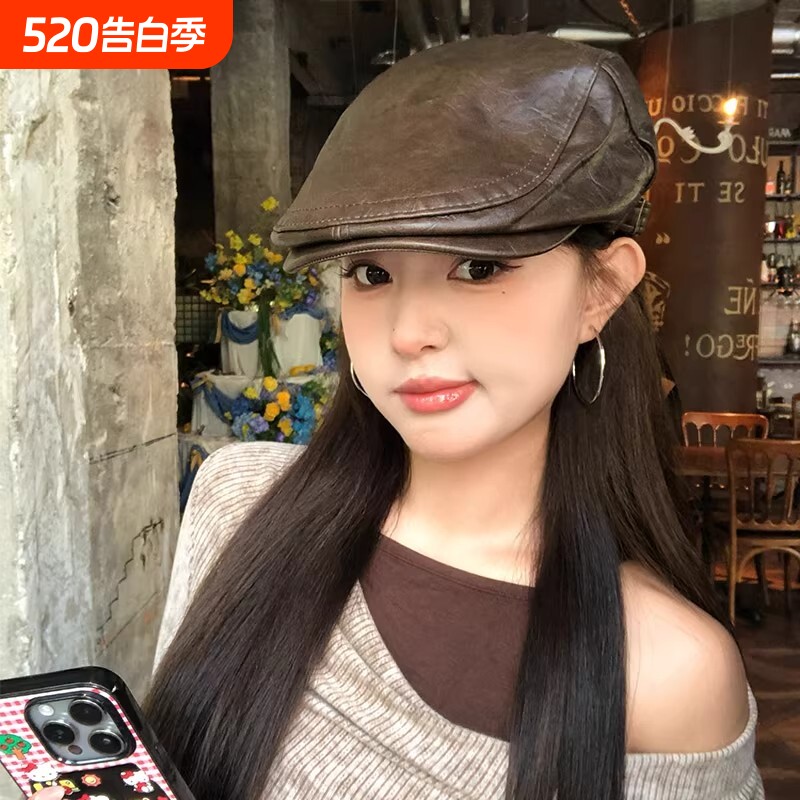 复古pu皮质前进帽男女秋冬时尚英伦风报童帽街头时髦个性画家帽子