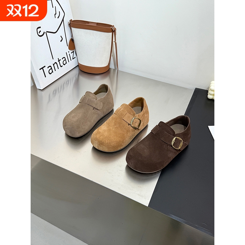 复古真皮内增高勃肯鞋女2025秋新款丑萌一脚蹬单鞋咖色卡其色磨砂