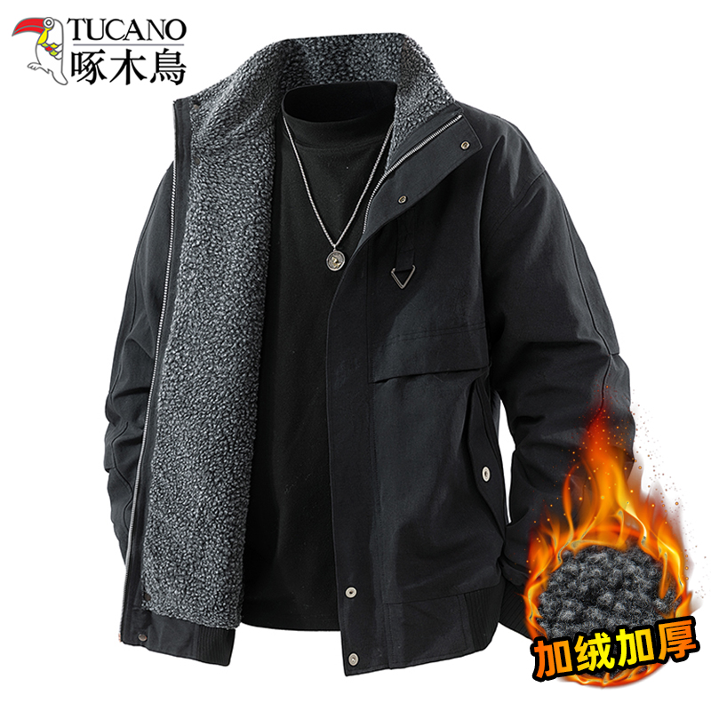 啄木鸟冲锋衣夹克外套男士冬季加绒加厚工装棉服冬天防风保暖棉衣