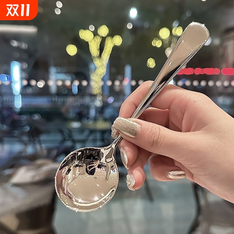 家用食品级不锈钢韩式甜品勺网红加厚短柄圆勺饭勺喝汤