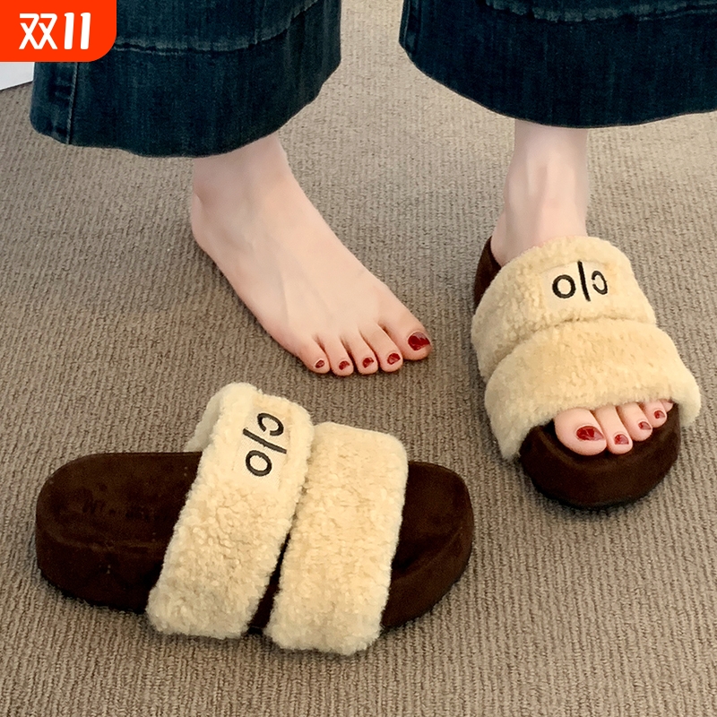 厚底增高毛毛拖鞋女外穿2025新款秋冬季加绒保暖棉拖鞋毛绒黑色