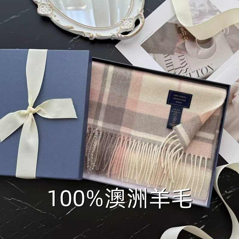 100%纯羊毛澳洲羊毛围巾冬季经典格子英伦情侣保暖围脖男女丝带