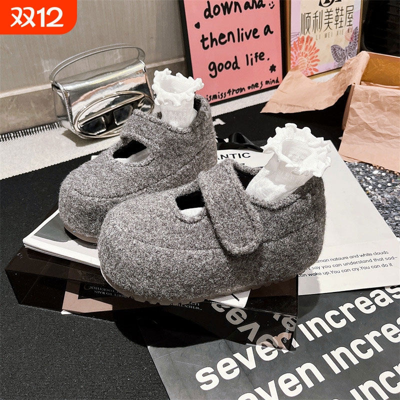 欧货毛呢毛毛鞋玛丽珍魔术贴面包鞋卡皮巴拉小个子5cm勃肯鞋女鞋