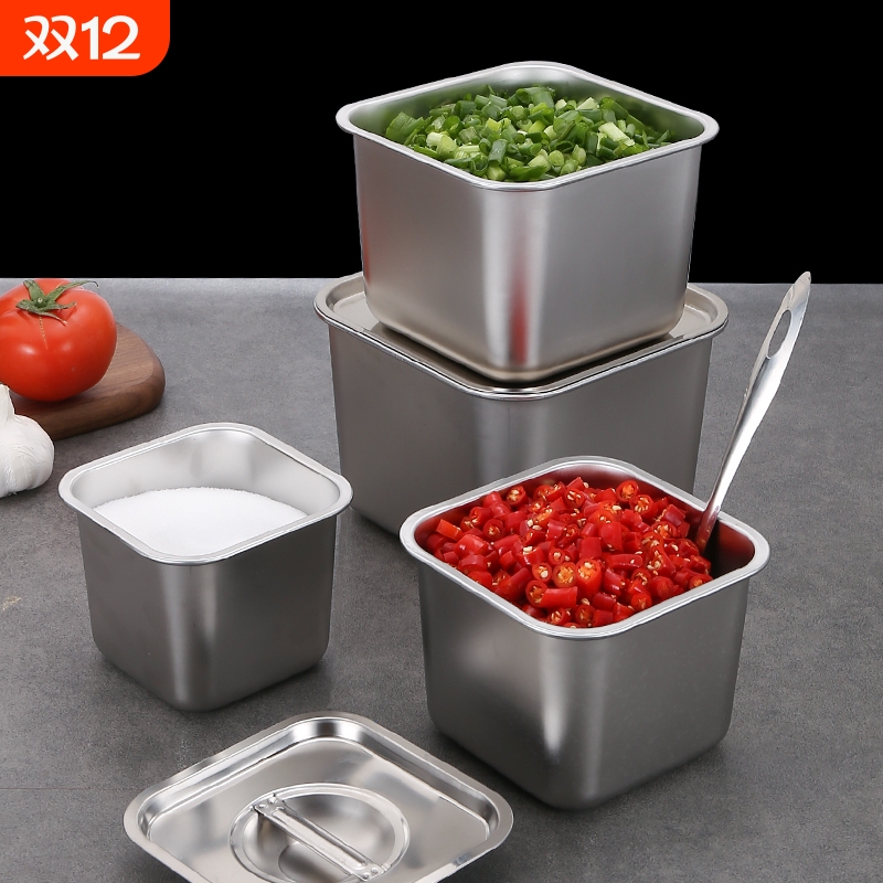 正方形不锈钢盆带盖容器调料盒子摆摊专用酱料桶四方料盒大容量