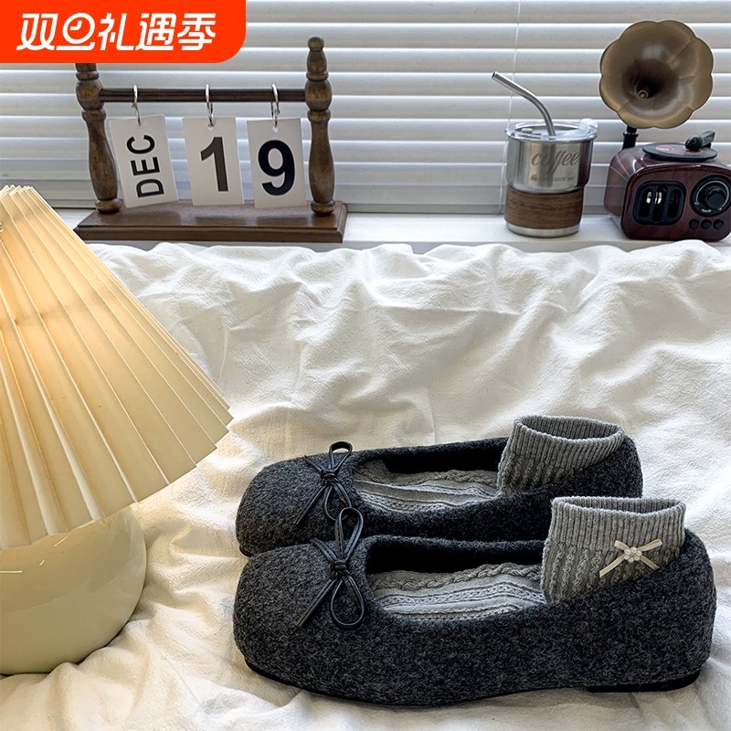 复古平底蝴蝶结单鞋女春秋季2025新款浅口法式毛毛玛丽珍鞋方头