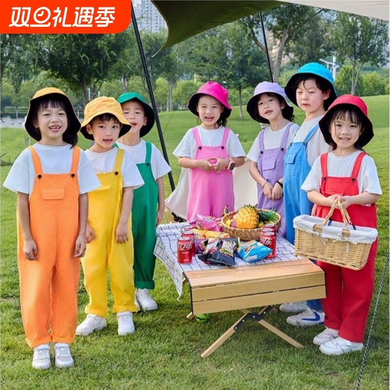 元旦儿童合唱演出服装背带裤彩色套装啦啦队运动会表演班服多巴胺