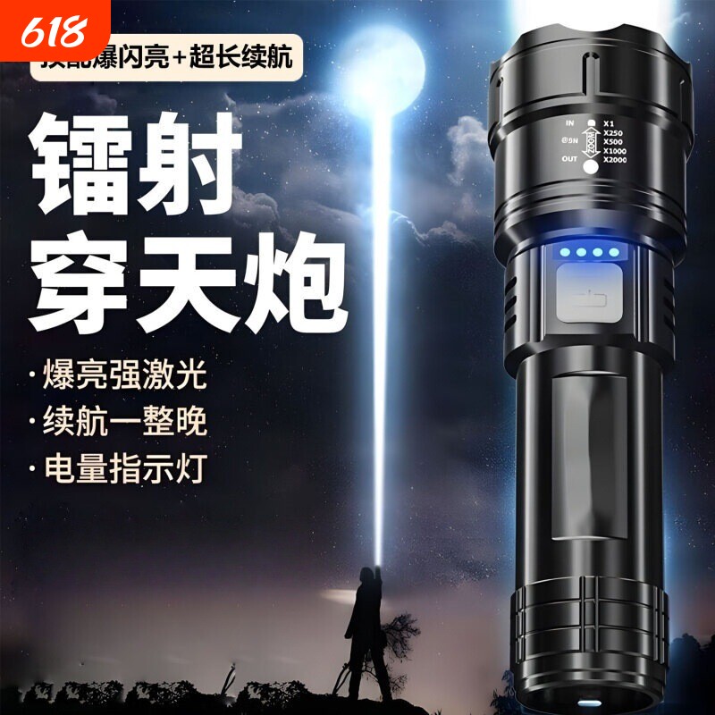 户外小型跨境手电筒便携巡逻聚光拉伸缩强光远射充电 顶配爆闪亮