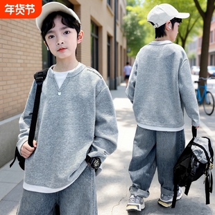 童装男童卫衣春秋款2025秋季打底衫儿童男孩秋装上衣加绒黑色灰色