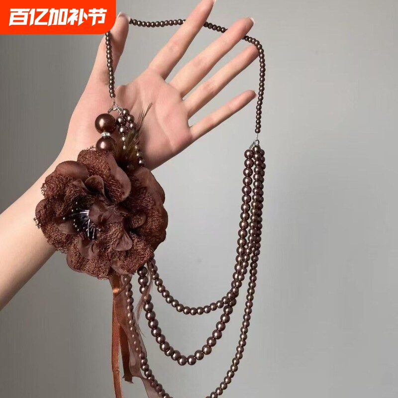 复古仿珍珠蕾丝花项链女生长款三层骨链氛围感毛衣链多层颈链花朵