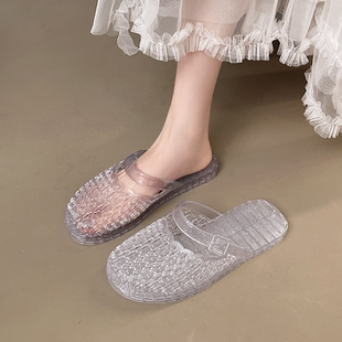 女夏季 凉拖鞋 外穿防滑防臭包头懒人半拖中老年妈妈鞋 水晶透明