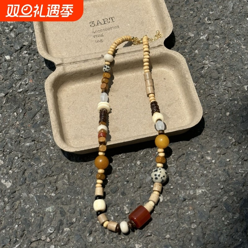 登陆可爱岛屿waki设计师款天然玉石木质珠不对称彩色串珠简约项链