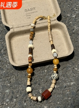 登陆可爱岛屿waki设计师款天然玉石木质珠不对称彩色串珠简约项链