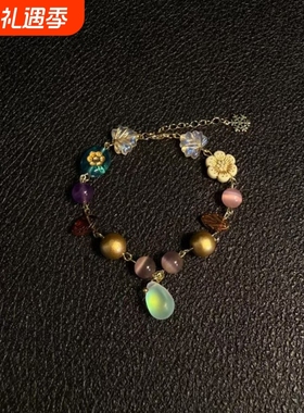 中古vintage雪花水滴吊坠手链2025新款小众做旧设计百搭串珠手饰