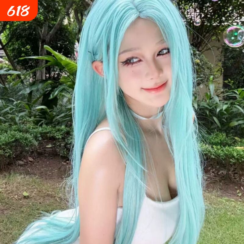 绿色中分长直发假发女洛丽塔前额蕾丝中分森系薄荷绿长发日常发套