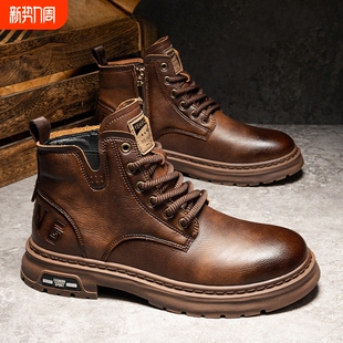 真皮男士马丁靴高帮英伦风增高秋冬抖音中帮工装潮鞋加绒防滑舒适