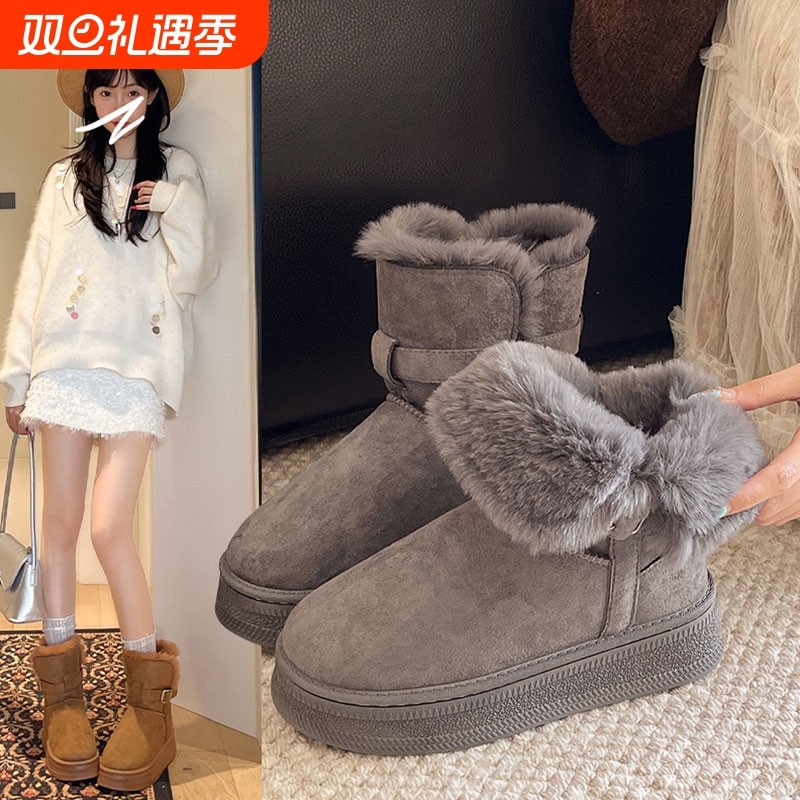 灰色厚底雪地靴女2025冬季新款加绒加厚雪地棉鞋防水内增高鞋子