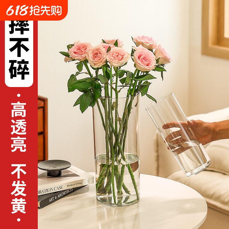 亚克力防摔花瓶水养水培插花富贵竹透明直筒亚克力鲜花装饰客厅小