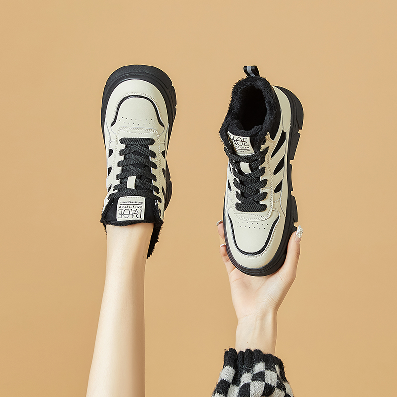 厚底高帮鞋女棉鞋2022年秋冬百搭韩版真皮加绒加厚运动休闲板鞋子
