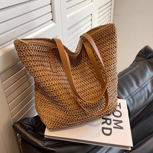 夏季大容量通勤包包女2025新款洋气草编单肩包海边沙滩编织托特包