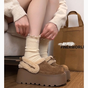 复古增高厚底加绒勃肯鞋女2025新款冬季两穿加厚保暖毛毛棉拖鞋子